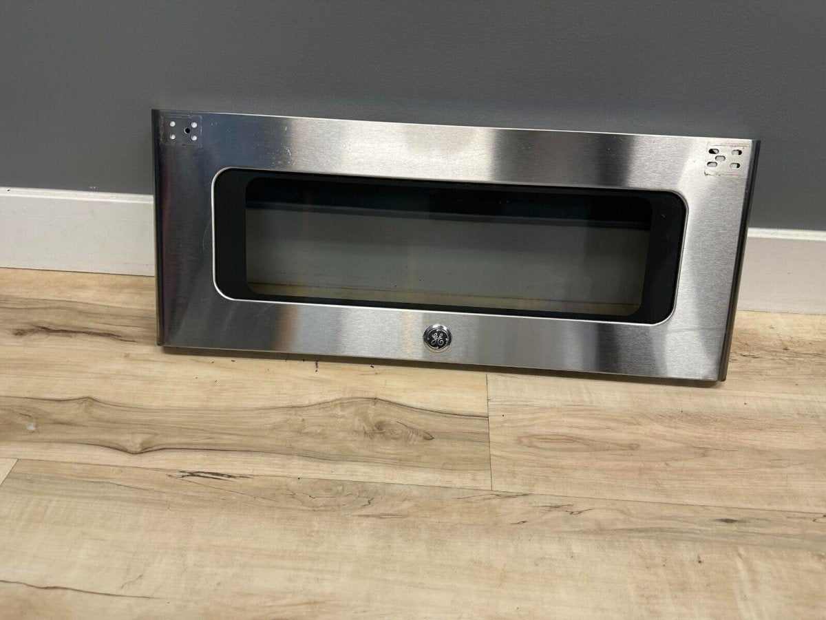GE Slide in Range Upper Door Glass Stainless Part WB56X26529 - ApplianceSolutionsHub